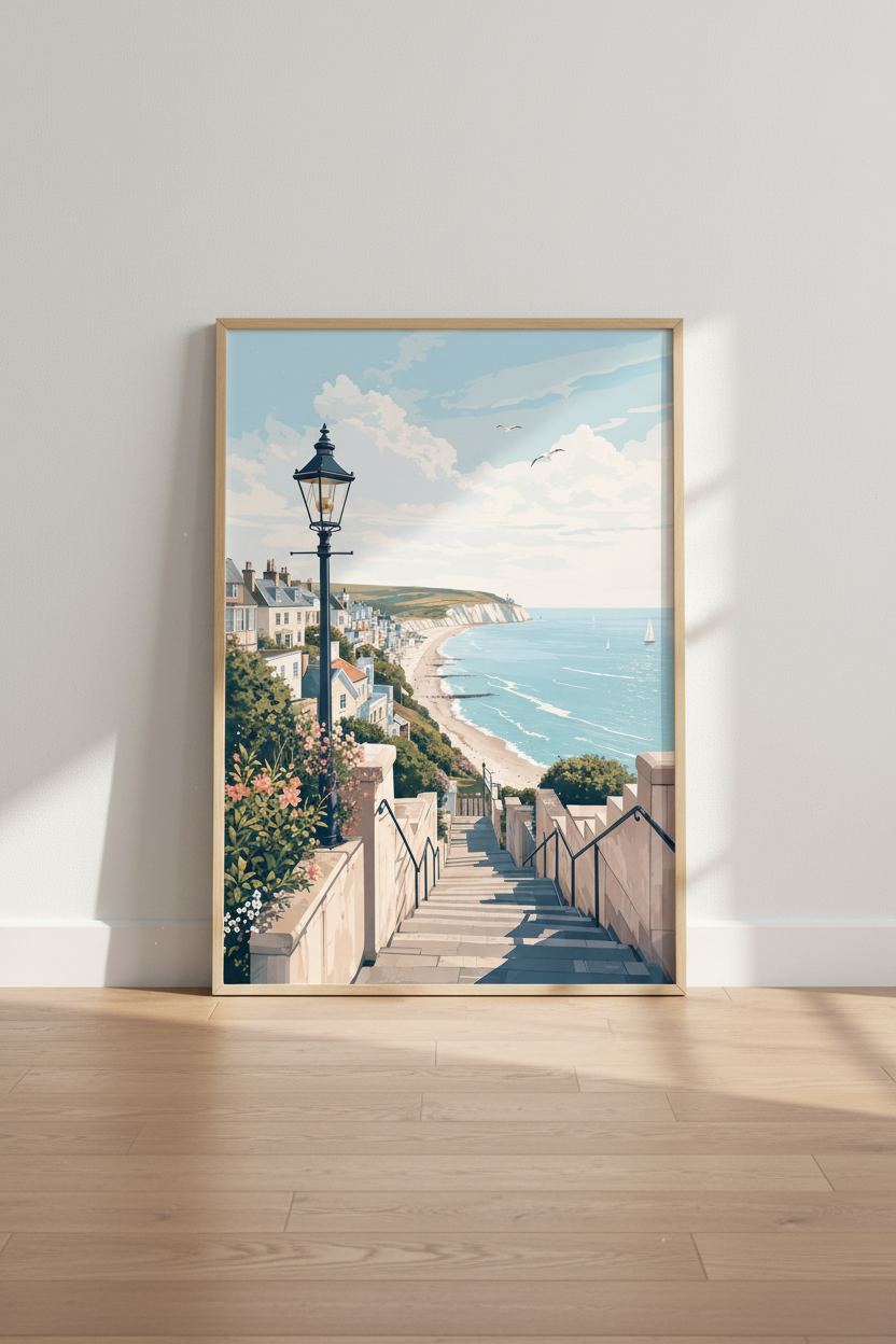 Coastal Town Wall Art Print | Seaside Village Decor | Pastel Beach Poster