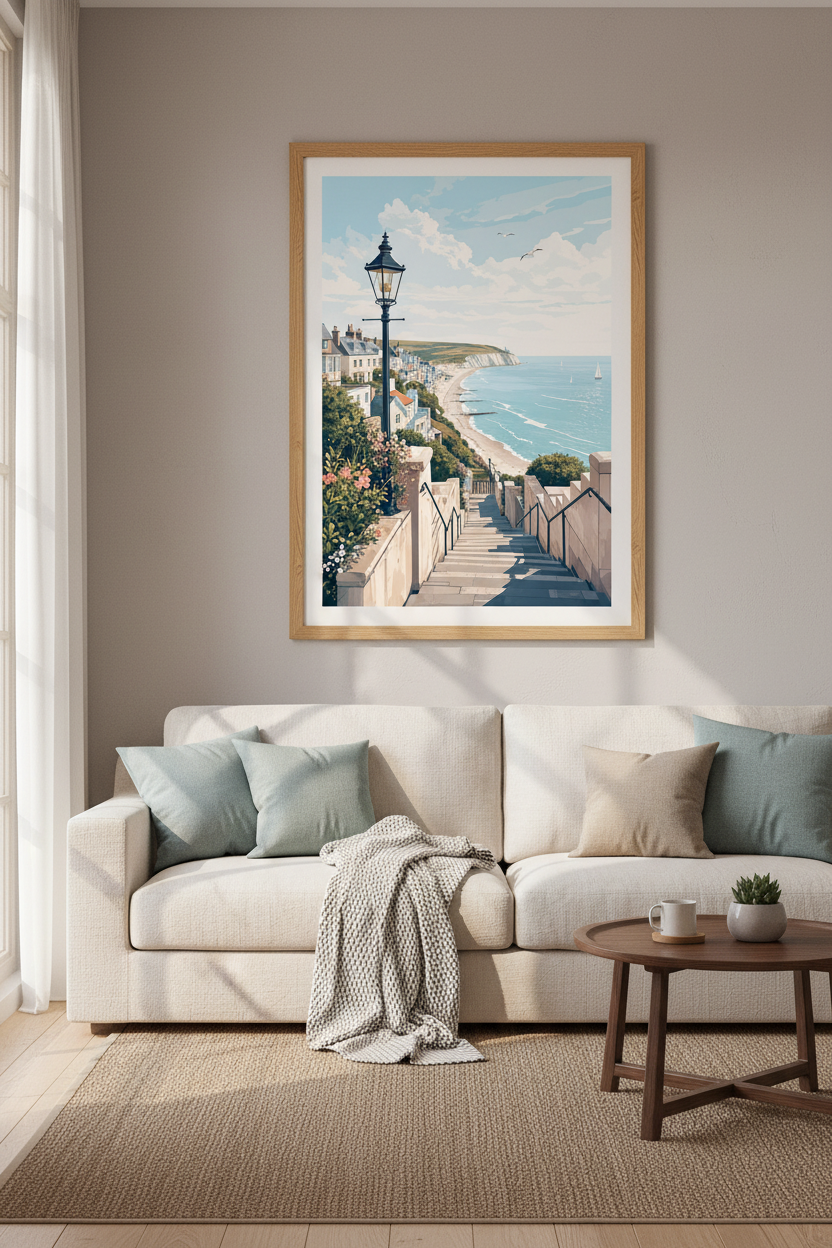 Coastal Town Wall Art Print | Seaside Village Decor | Pastel Beach Poster