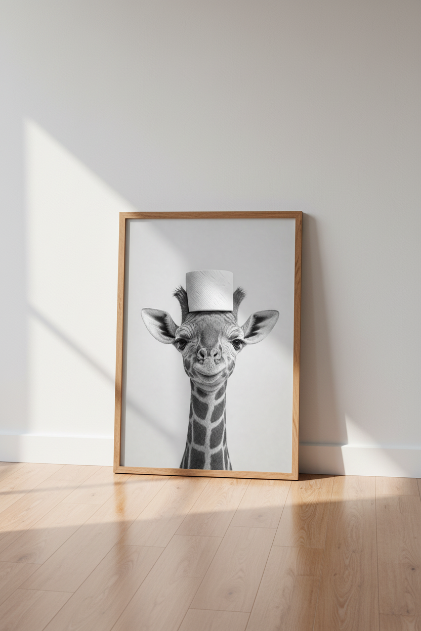 Giraffe Toilet Paper Wall Art | Funny B&amp;W Animal Poster | Minimalist Bathroom Decor