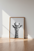 Giraffe Toilet Paper Wall Art | Funny B&W Animal Poster | Minimalist Bathroom Decor