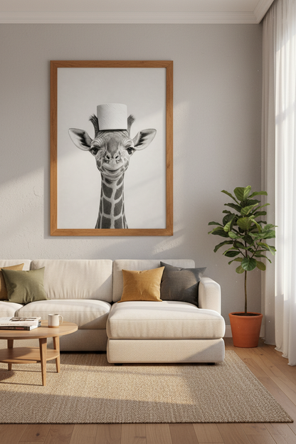 Giraffe Toilet Paper Wall Art | Funny B&amp;W Animal Poster | Minimalist Bathroom Decor