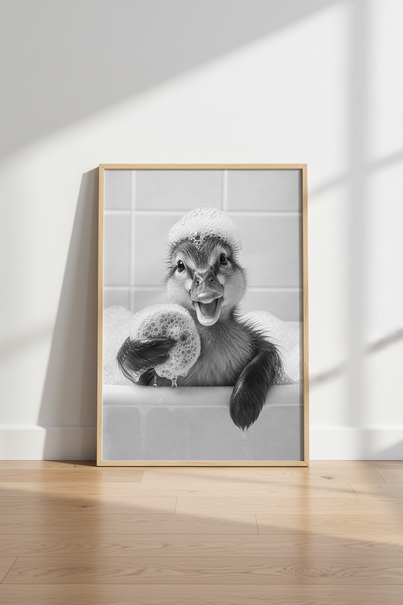 Baby Duck in Bathtub Wall Art | Black and White Bathroom Decor | Cute Animal Poster
