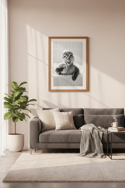 Baby Duck in Bathtub Wall Art | Black and White Bathroom Decor | Cute Animal Poster