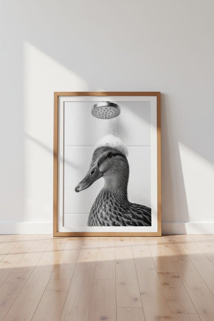 Duck in the Shower Print | BW Funny Animal Wall Art | Modern Bathroom Decor