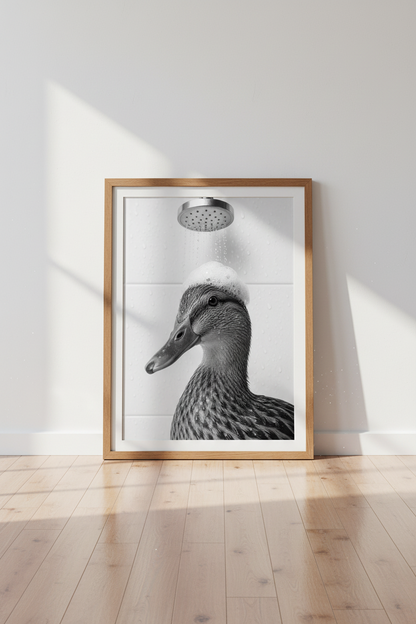 Duck in the Shower Print | BW Funny Animal Wall Art | Modern Bathroom Decor