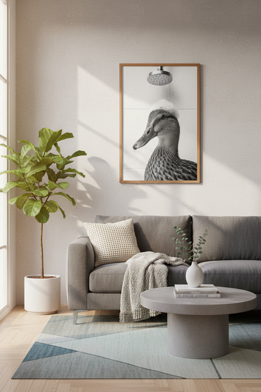 Duck in the Shower Print | BW Funny Animal Wall Art | Modern Bathroom Decor