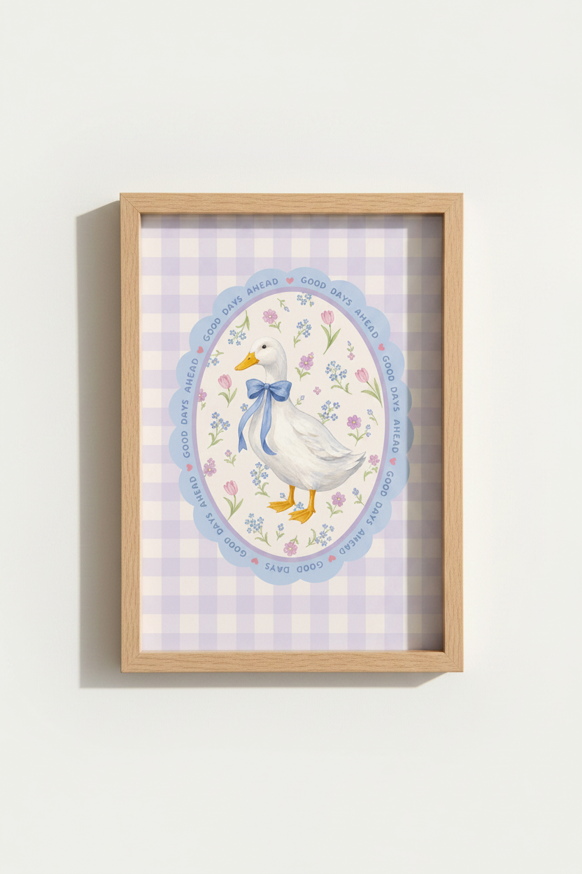 Coquette Duck Wall Art Print | Pastel Gingham Nursery Decor | Cottagecore Vintage Poster