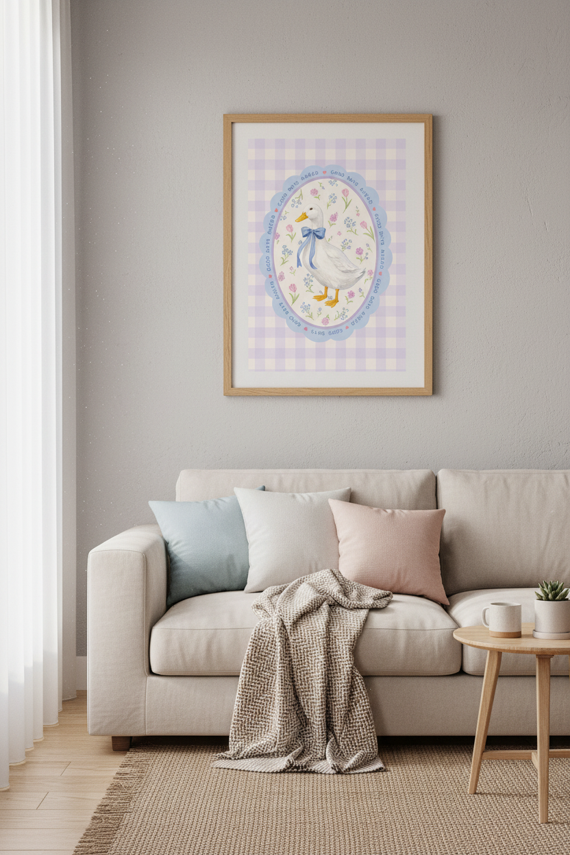 Coquette Duck Wall Art Print | Pastel Gingham Nursery Decor | Cottagecore Vintage Poster