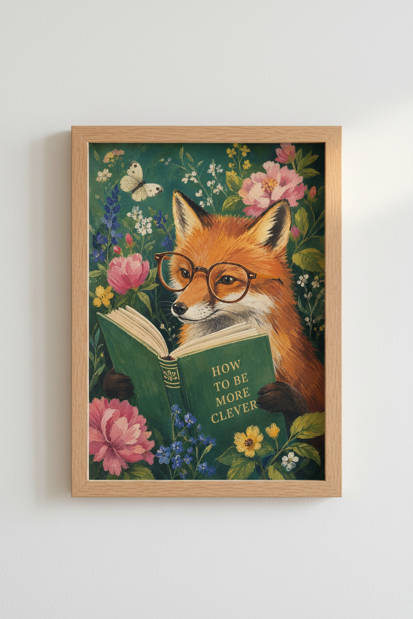 Whimsical Fox Art Print | Dark Academia Library Decor | Reading Animal Poster