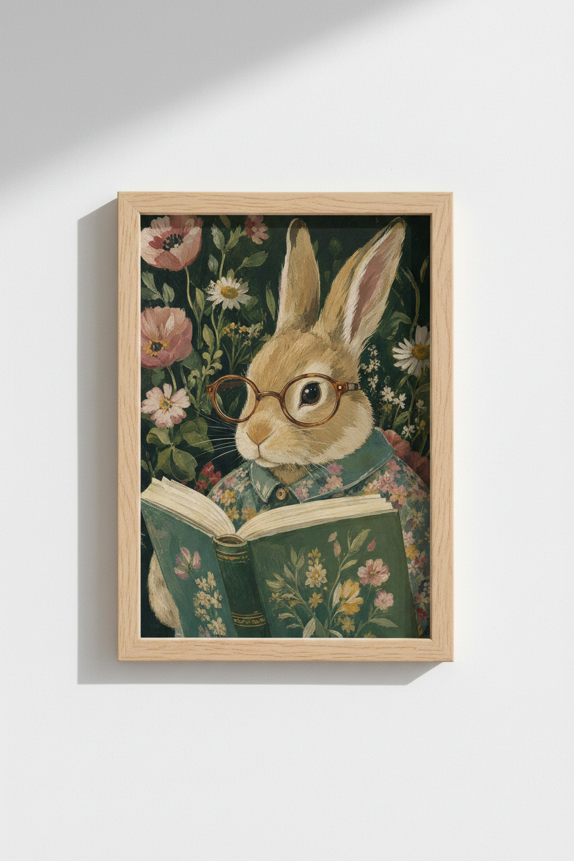Whimsical Bunny Art Print | Moody Dark Academia Rabbit Reading, Vintage Floral Poster
