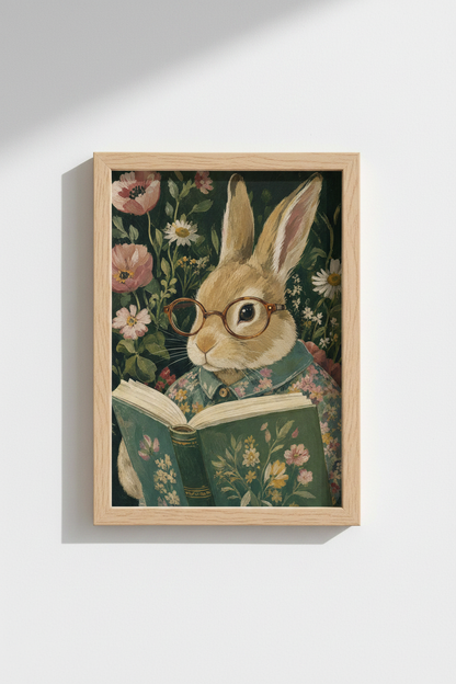 Whimsical Bunny Art Print | Moody Dark Academia Rabbit Reading, Vintage Floral Poster