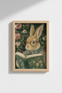 Whimsical Bunny Art Print | Moody Dark Academia Rabbit Reading, Vintage Floral Poster