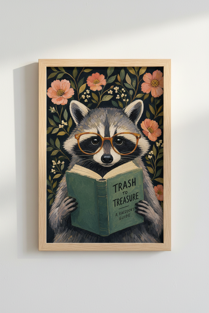 Whimsical Raccoon Wall Art Print | Dark Academia Decor | Reading Animal Poster