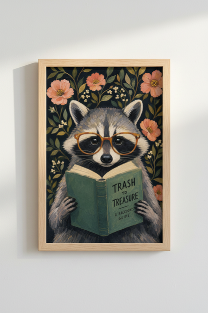 Whimsical Raccoon Wall Art Print | Dark Academia Decor | Reading Animal Poster