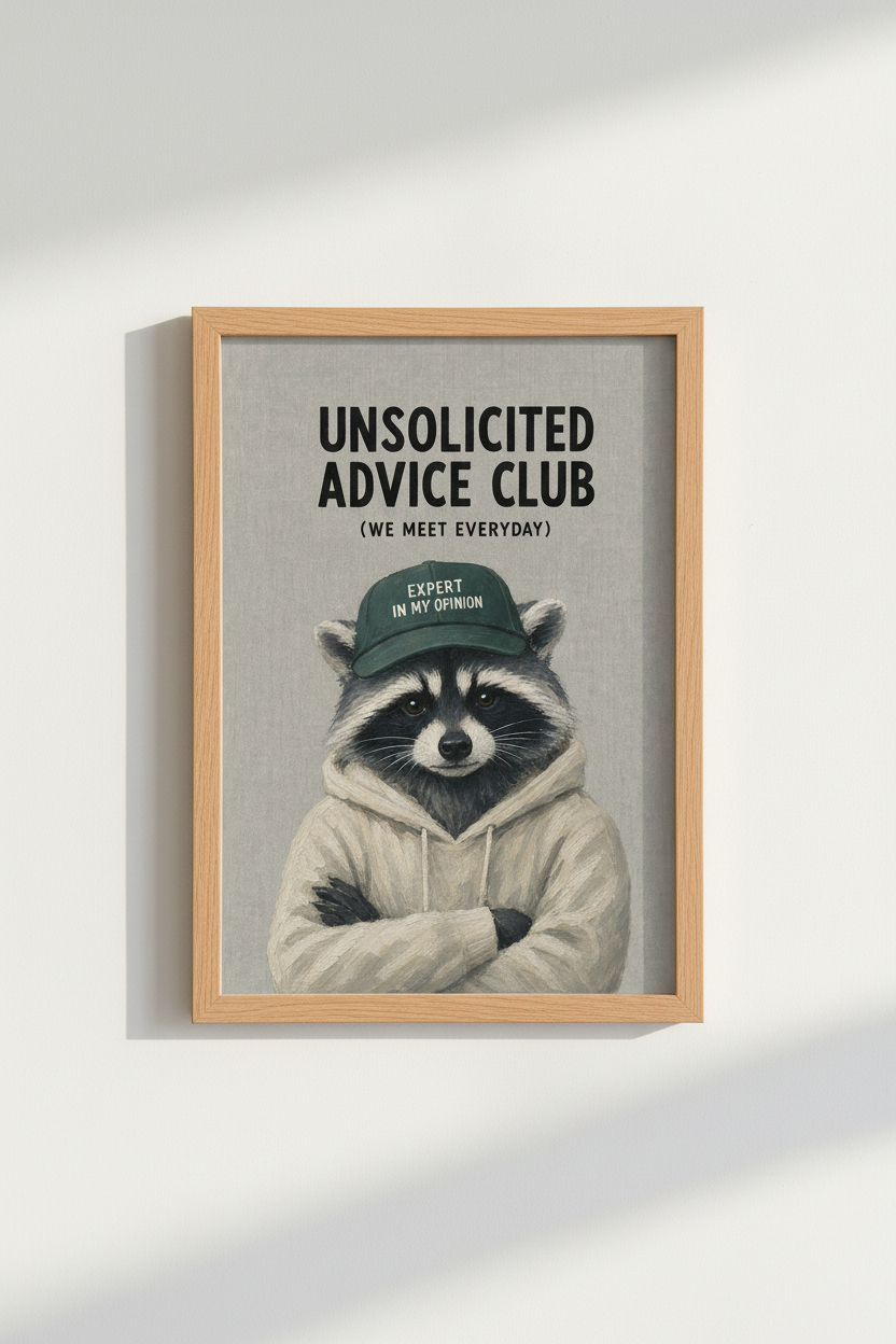 Funny Raccoon Wall Art | Unsolicited Advice Club Poster, Humorous Office Decor