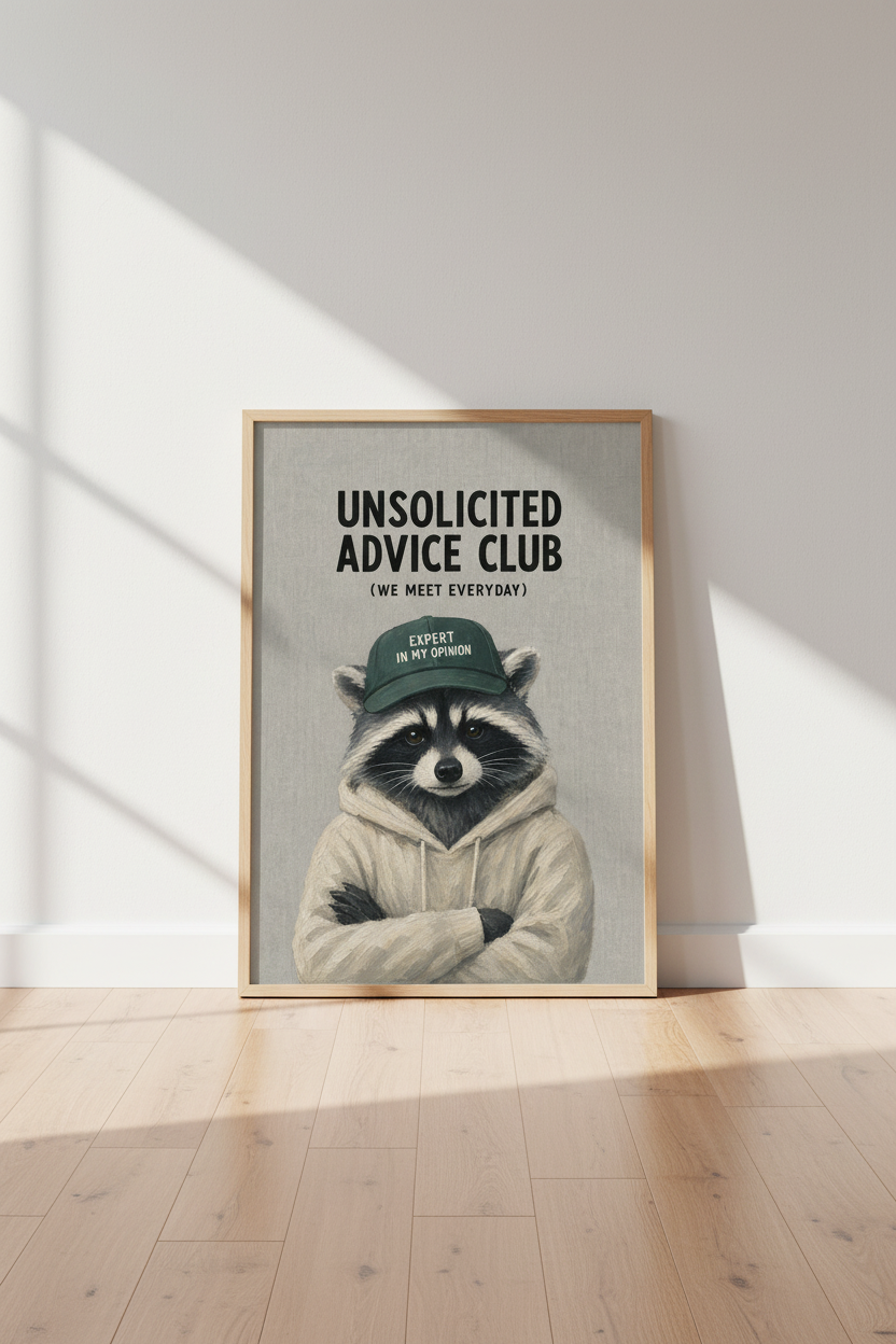 Funny Raccoon Wall Art | Unsolicited Advice Club Poster, Humorous Office Decor