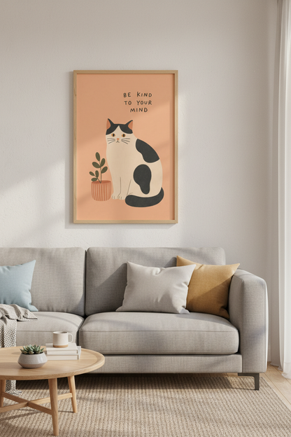 Be Kind To Your Mind Cat Wall Art | Mental Health Decor | Minimalist Poster