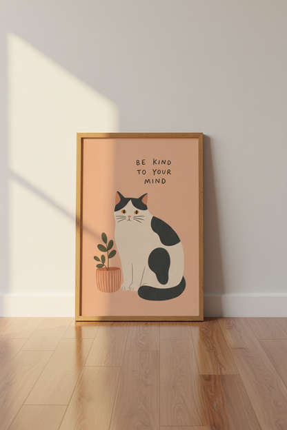 Be Kind To Your Mind Cat Wall Art | Mental Health Decor | Minimalist Poster