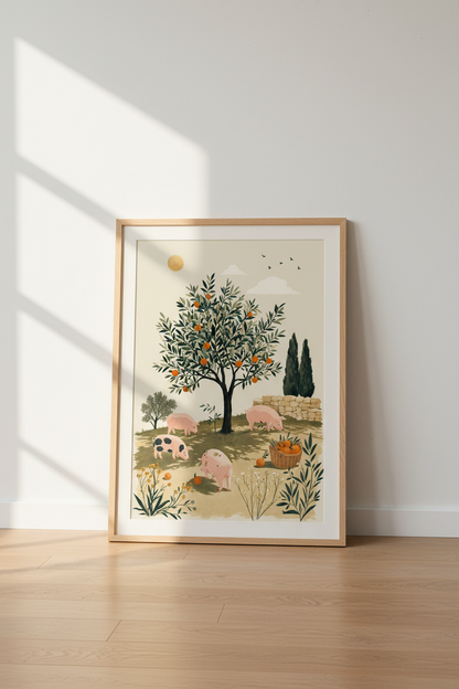 Pigs in Orange Grove Art | Folk Style Animal Print, Kitchen &amp; Nursery Wall Decor
