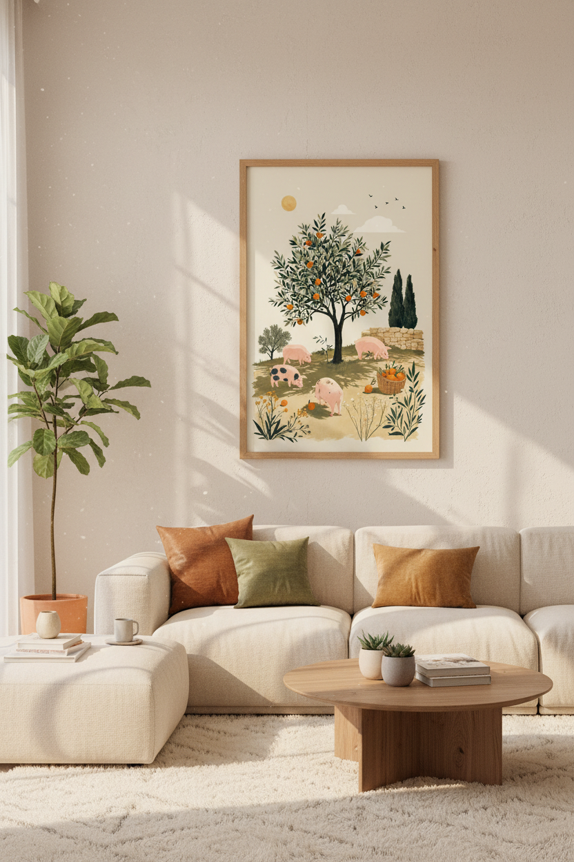 Pigs in Orange Grove Art | Folk Style Animal Print, Kitchen &amp; Nursery Wall Decor