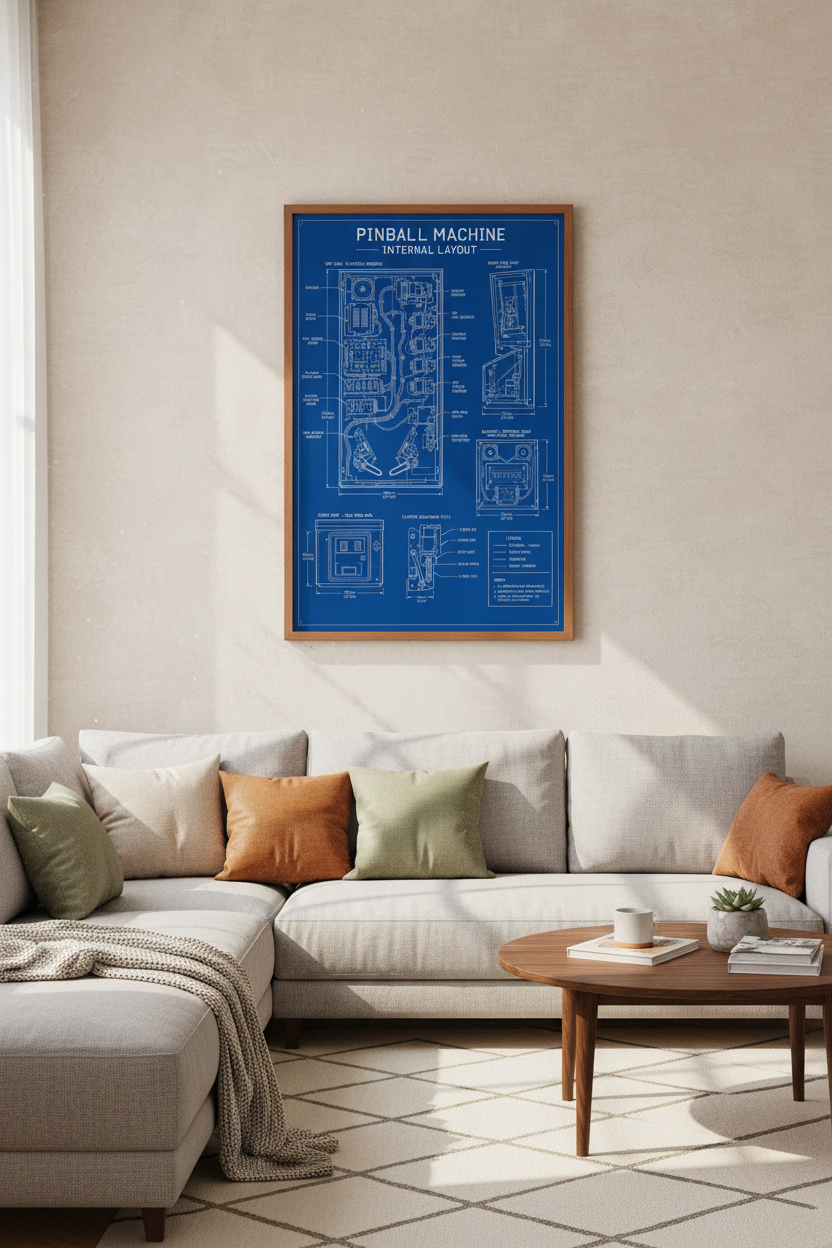 Pinball Machine Internal Layout Blueprint | Game Room Decor | Retro Arcade Poster
