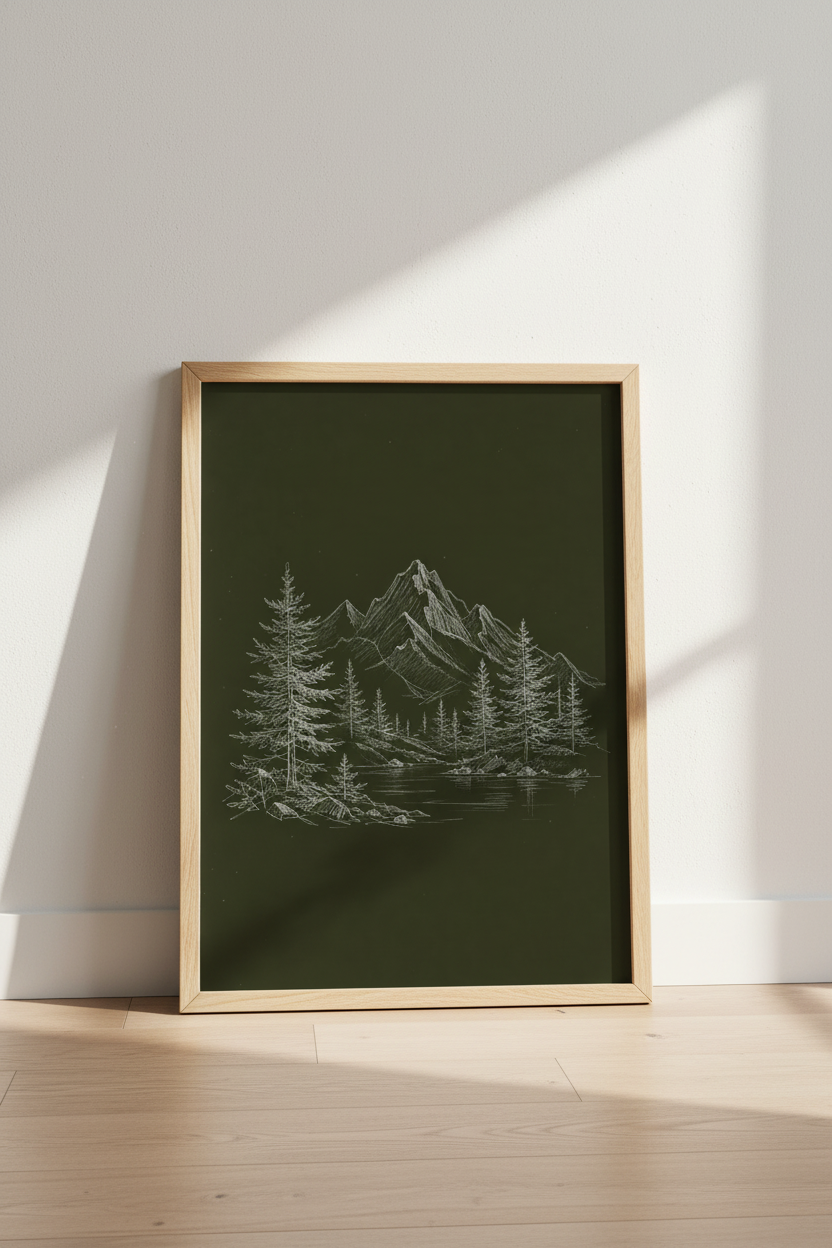 Minimal mountain art | Forest Tones, Living Room Decor