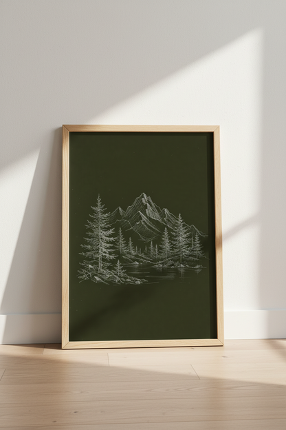 Minimal mountain art | Forest Tones, Living Room Decor