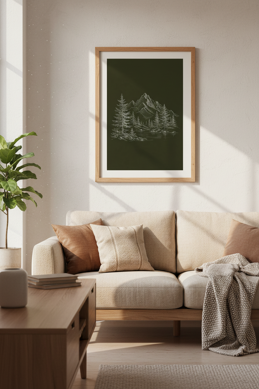 Minimal mountain art | Forest Tones, Living Room Decor