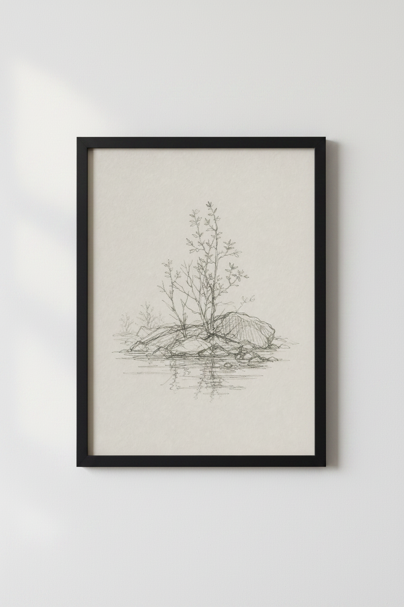 Minimalist Tree Sketch | Nature Pencil Drawing, Zen Bedroom Wall Art Poster