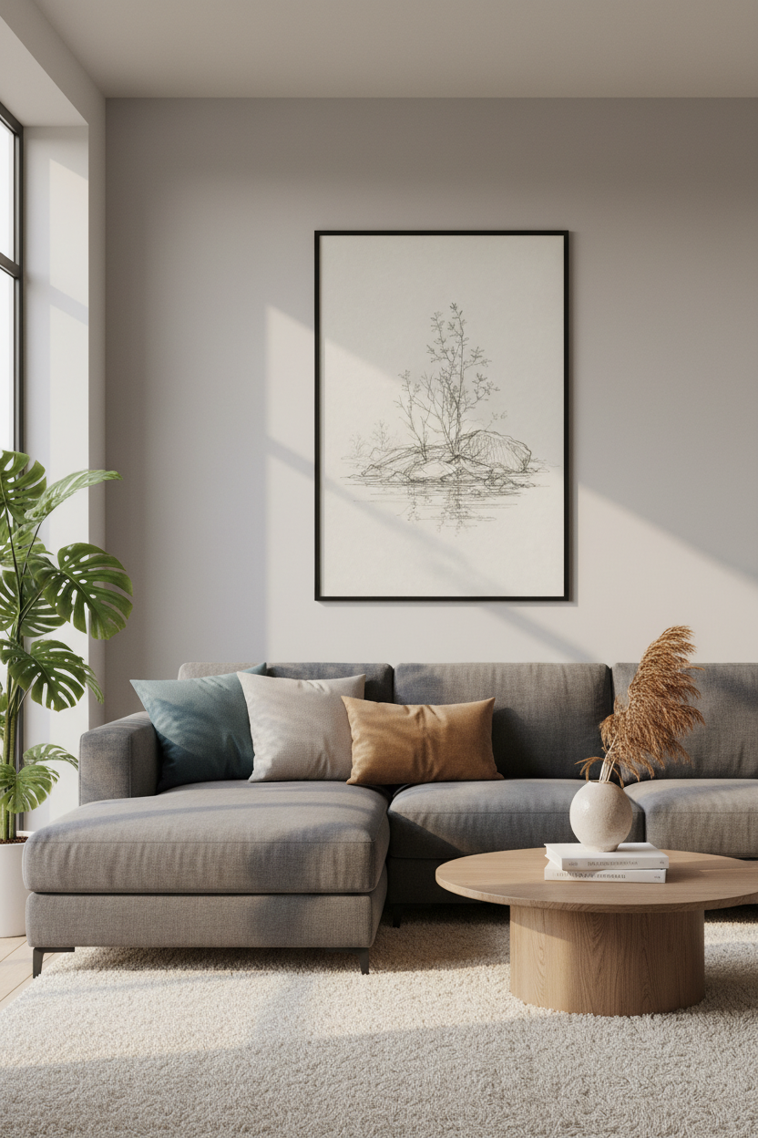 Minimalist Tree Sketch | Nature Pencil Drawing, Zen Bedroom Wall Art Poster
