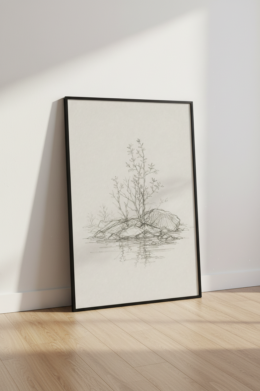 Minimalist Tree Sketch | Nature Pencil Drawing, Zen Bedroom Wall Art Poster