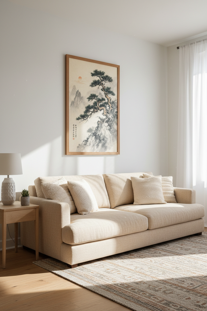 Japanese Pine Tree Art Print | Zen Mountain Landscape, Minimalist Home Decor