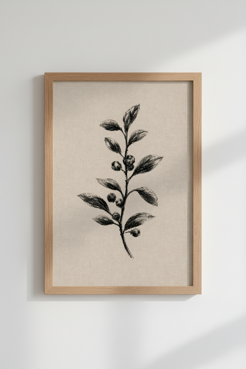 Botanical Charcoal Sketch | Vintage Fruit Branch Art, Minimalist Neutral Decor