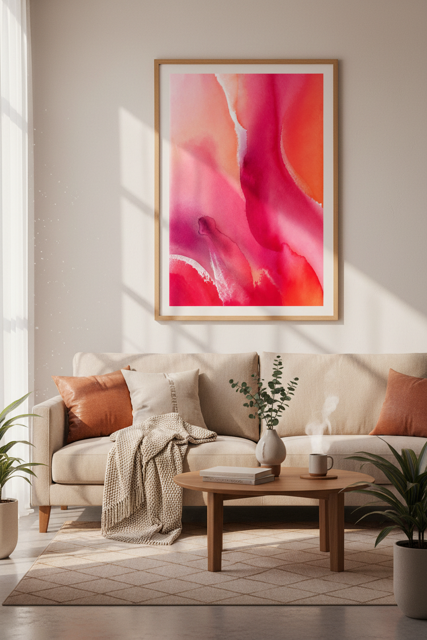 Abstract Watercolor Wash Wall Art | Pink &amp; Coral Modern Decor | Vibrant Poster