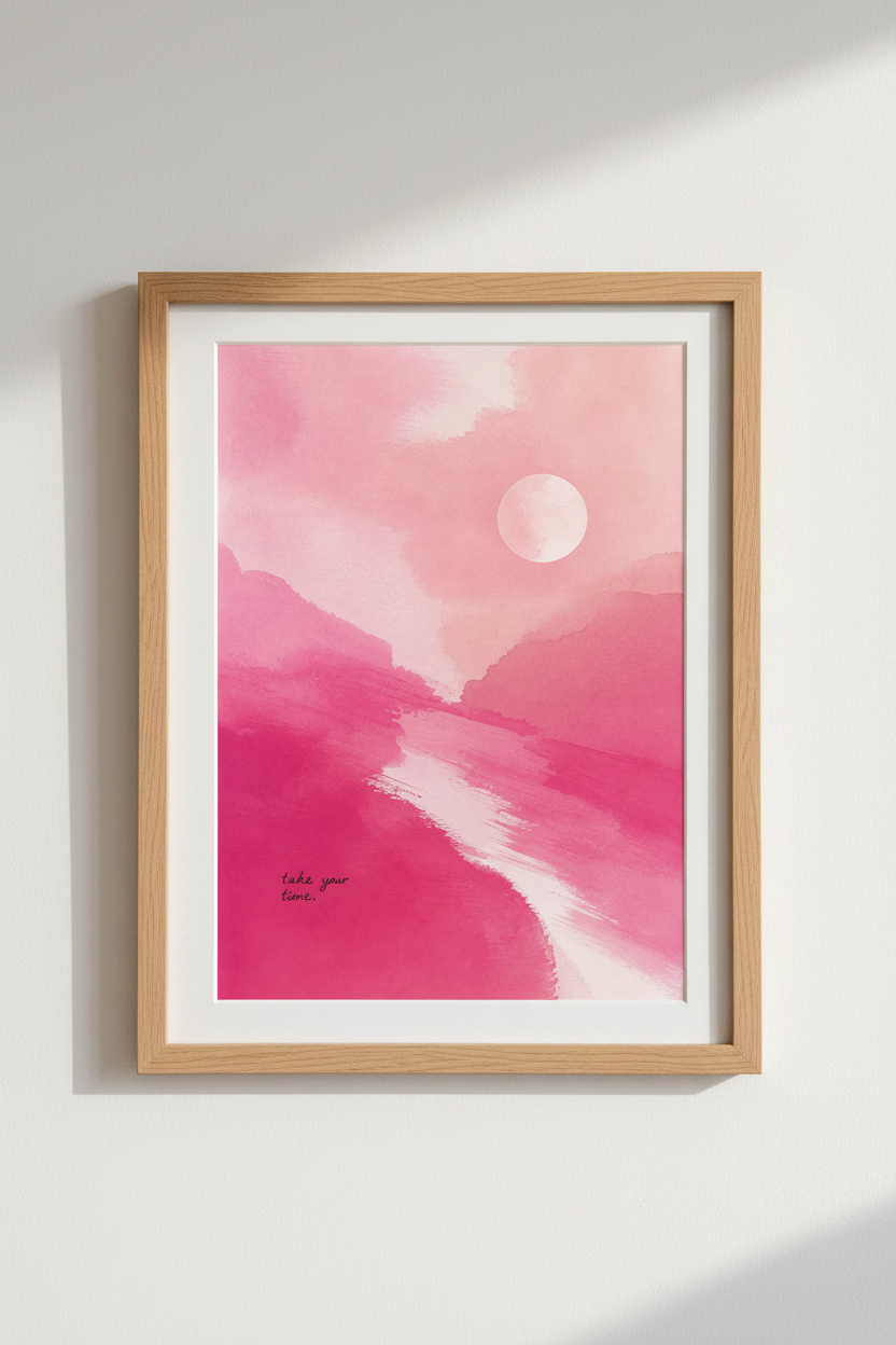 Pink Abstract Wall Art Print | Watercolor Mountain Landscape, Minimalist Sun Decor