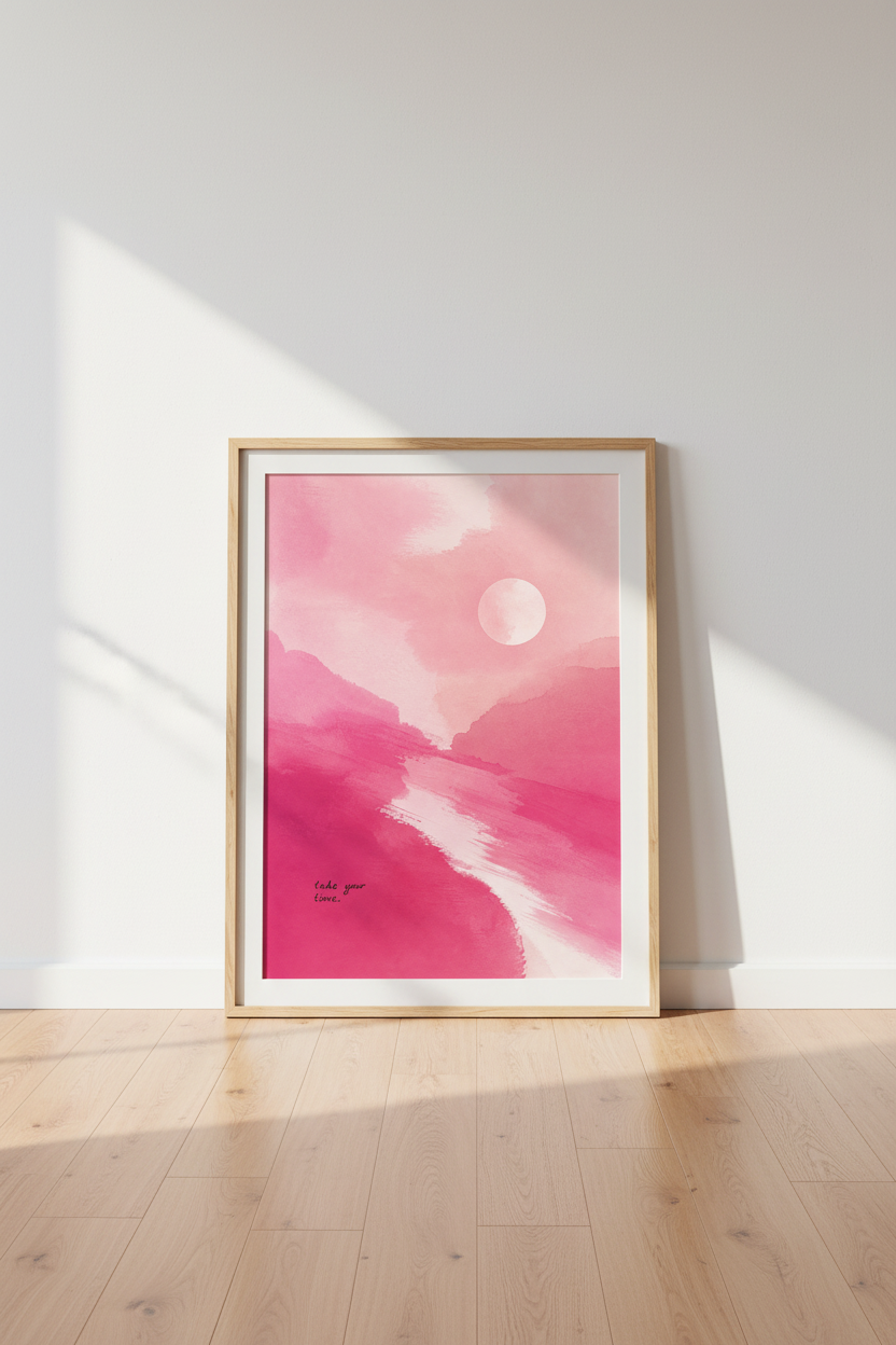 Pink Abstract Wall Art Print | Watercolor Mountain Landscape, Minimalist Sun Decor