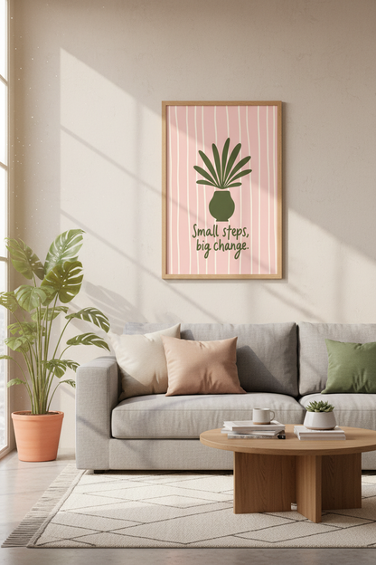 Small Steps Big Change Wall Art | Boho Botanical Pink &amp; Green, Modern Office Decor Poster