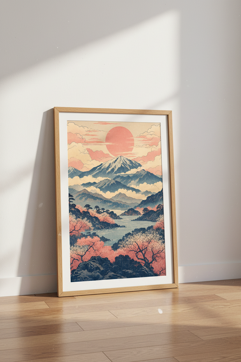 Japanese Landscape Wall Art | Ukiyo-e Cherry Blossom Print, Japandi Living Room Decor