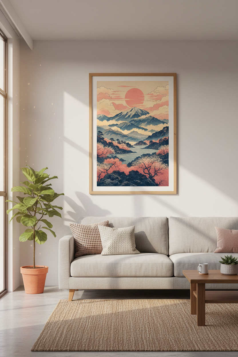 Japanese Landscape Wall Art | Ukiyo-e Cherry Blossom Print, Japandi Living Room Decor
