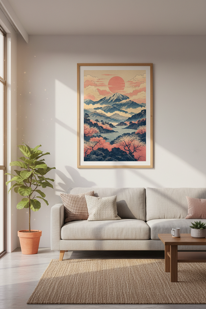 Japanese Landscape Wall Art | Ukiyo-e Cherry Blossom Print, Japandi Living Room Decor