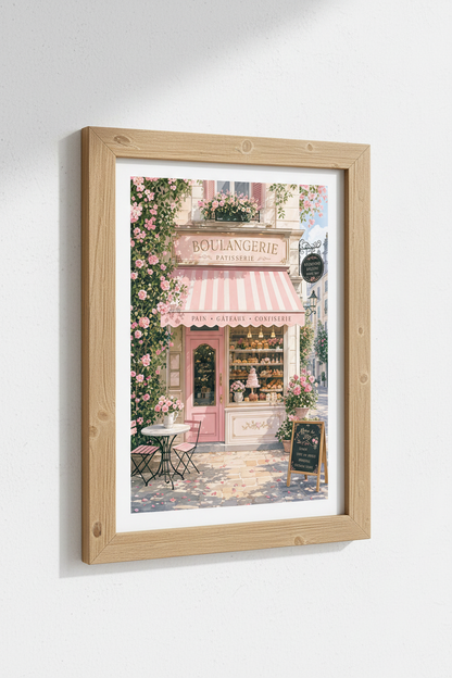 French Bakery Wall Art | Pink Parisian Cafe Decor | Pastel Street Scene Poster