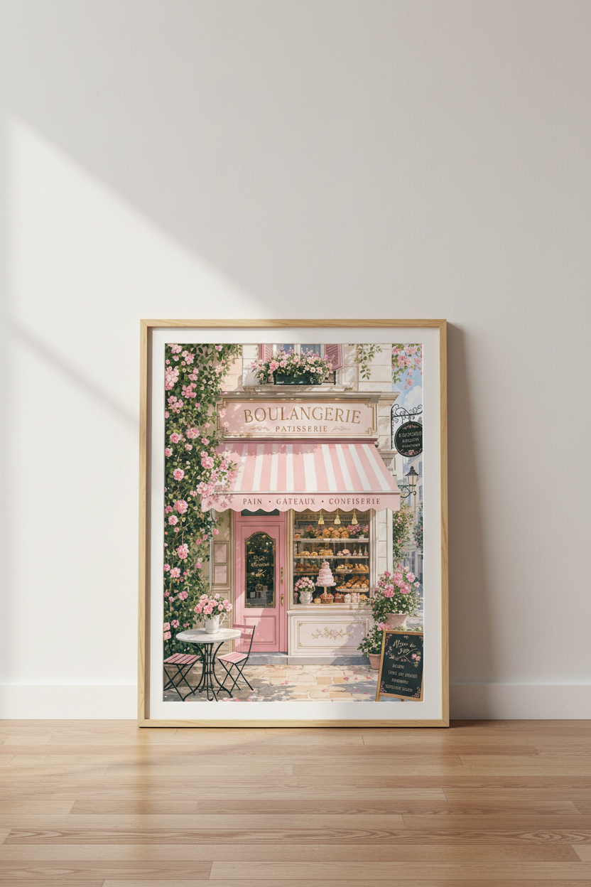 French Bakery Wall Art | Pink Parisian Cafe Decor | Pastel Street Scene Poster