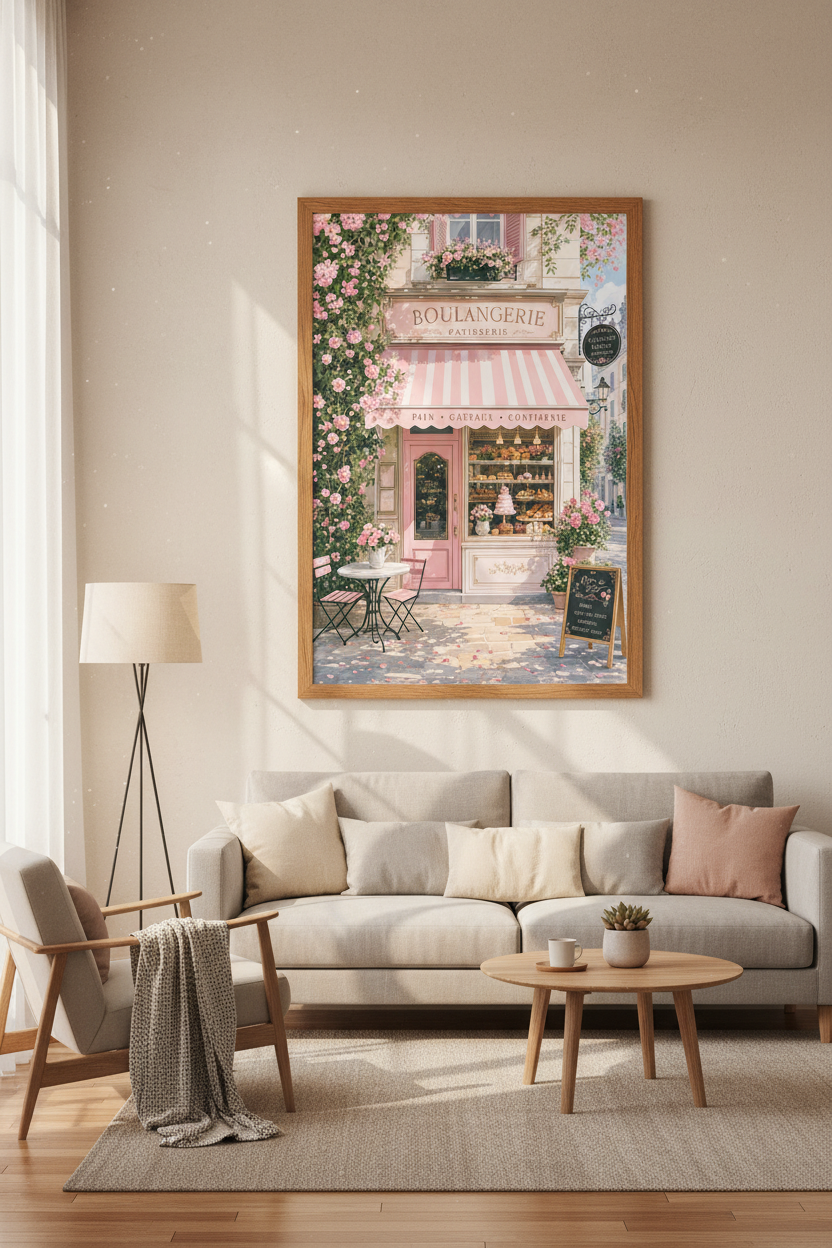 French Bakery Wall Art | Pink Parisian Cafe Decor | Pastel Street Scene Poster