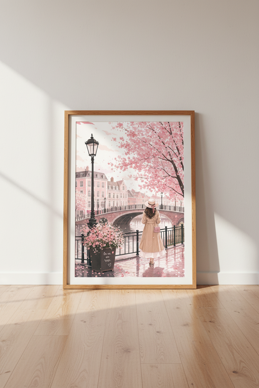 Parisian Street Scene Print | Pink Cherry Blossom Wall Art, Romantic French Decor