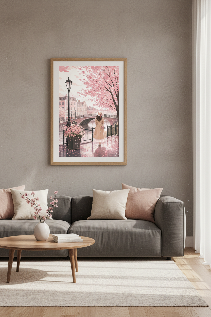 Parisian Street Scene Print | Pink Cherry Blossom Wall Art, Romantic French Decor