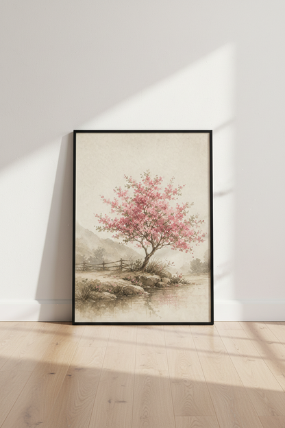 Cherry Blossom Tree | Pink Watercolor Painting, Zen Nature Bedroom Decor Poster