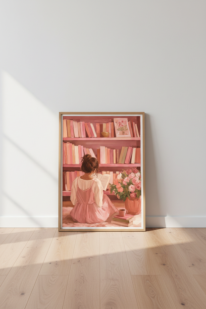 Reading Girl in Pink Library Art Print | Coquette Aesthetic Decor | Soft Pastel Poster