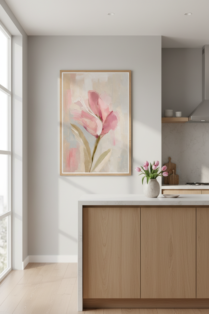 Pink Floral Wall Art Print | Impressionist Tulip Poster, Blush Bedroom Decor