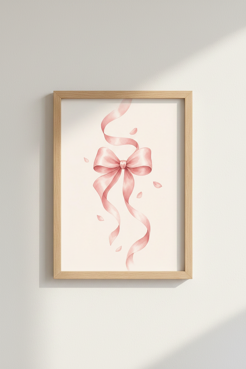 Coquette Bow Wall Art | Pink Watercolor Ribbon, Aesthetic Nursery Decor Poster