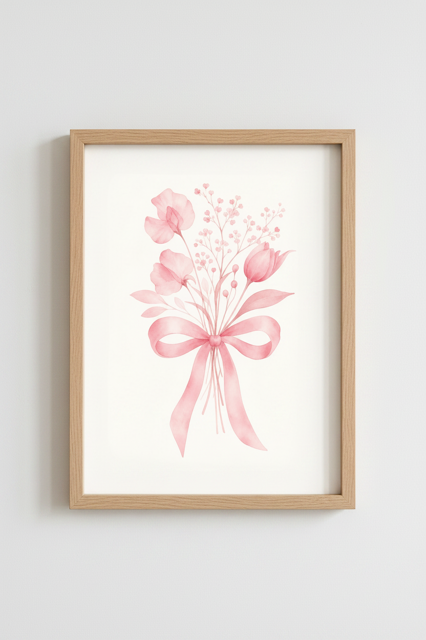 Pink Floral Bow Print | Watercolor Coquette Aesthetic, Nursery or Bedroom Wall Art